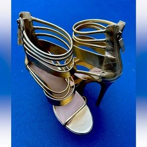 SOLD Bebe Gold Platform Strappy Stilletos!Goddess Gladiator Platform Heel Mid…
